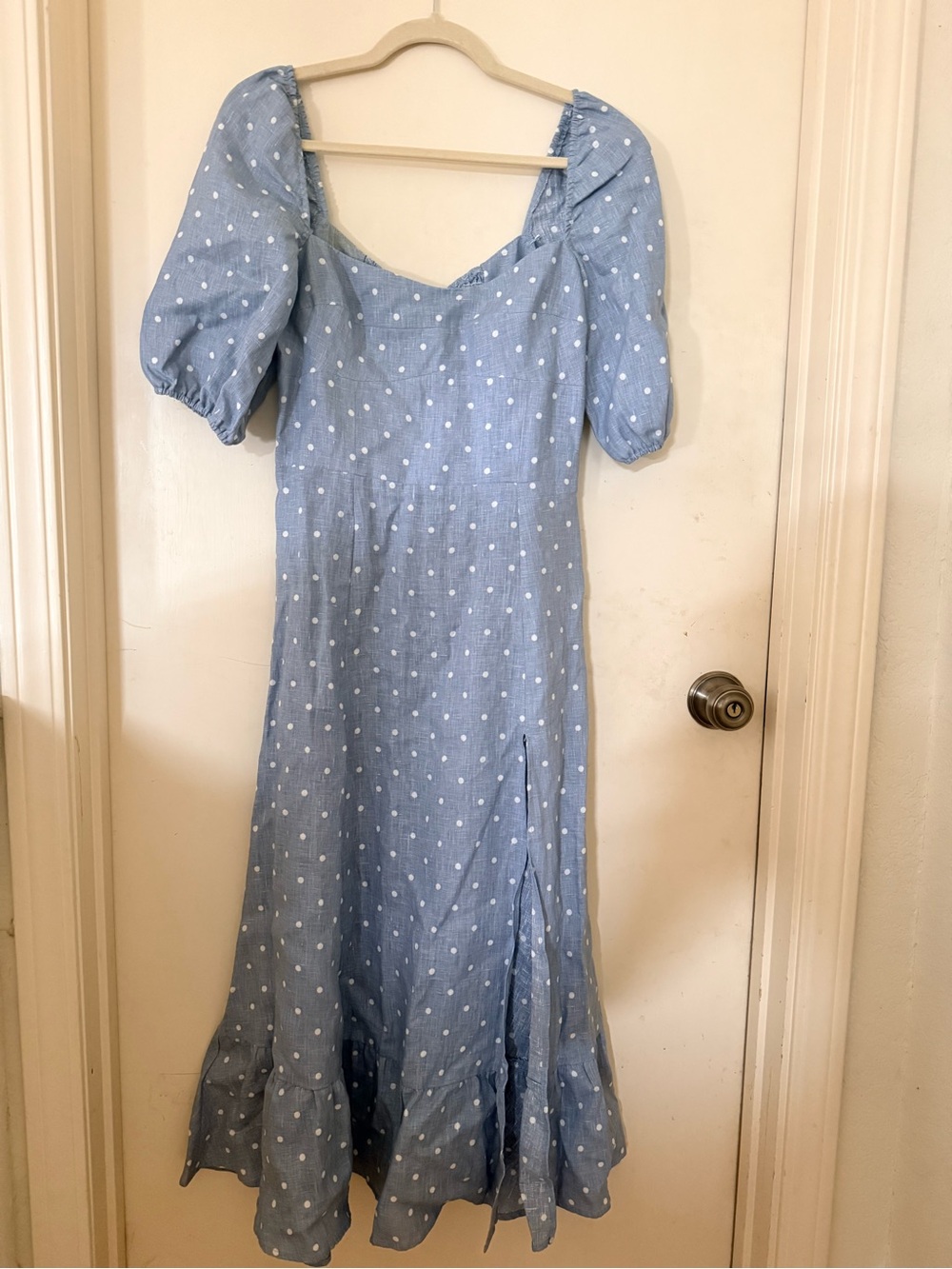 Reformation Blue Polka Dot Puff-Sleeve Midi Dress